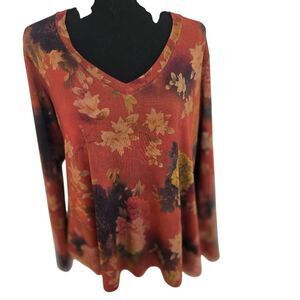 Johnny Was Womens Embers Floral Favorite Long Sleeve Vneck Swing Tee Rust Medium